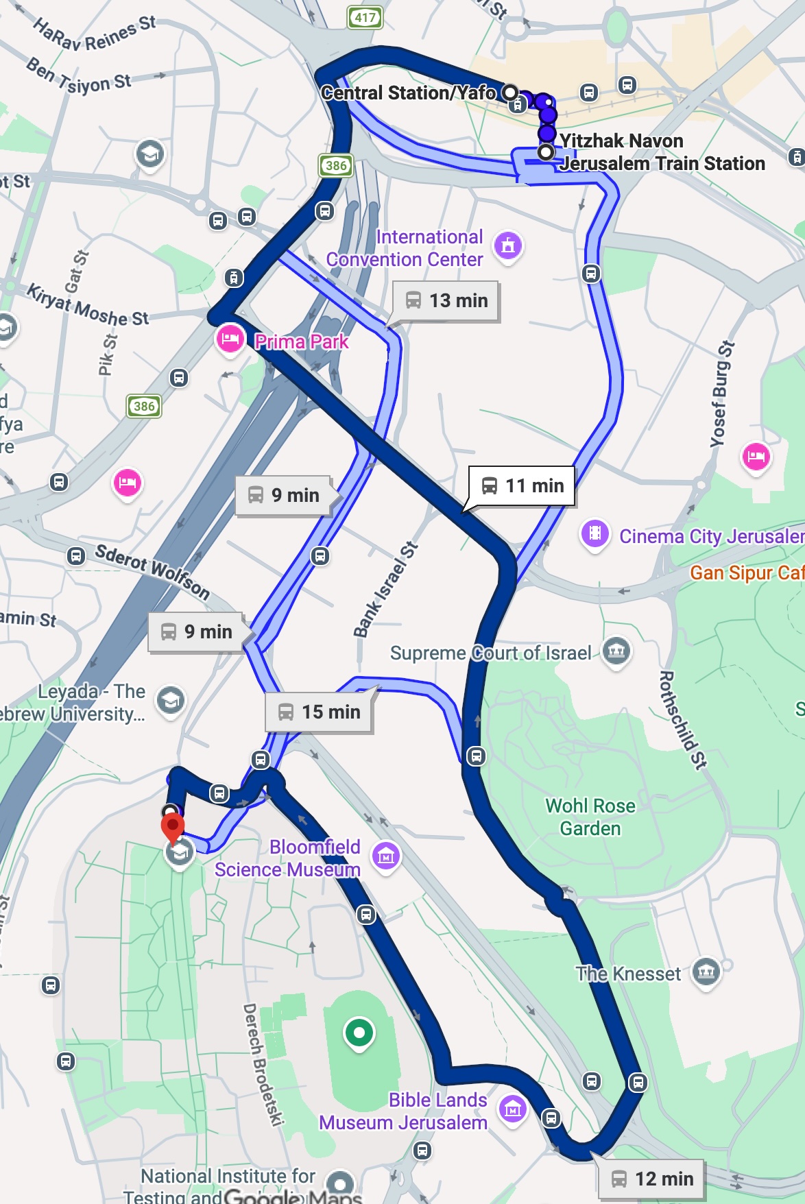 Map of bus line 66A route to the Giv'at Ram campus