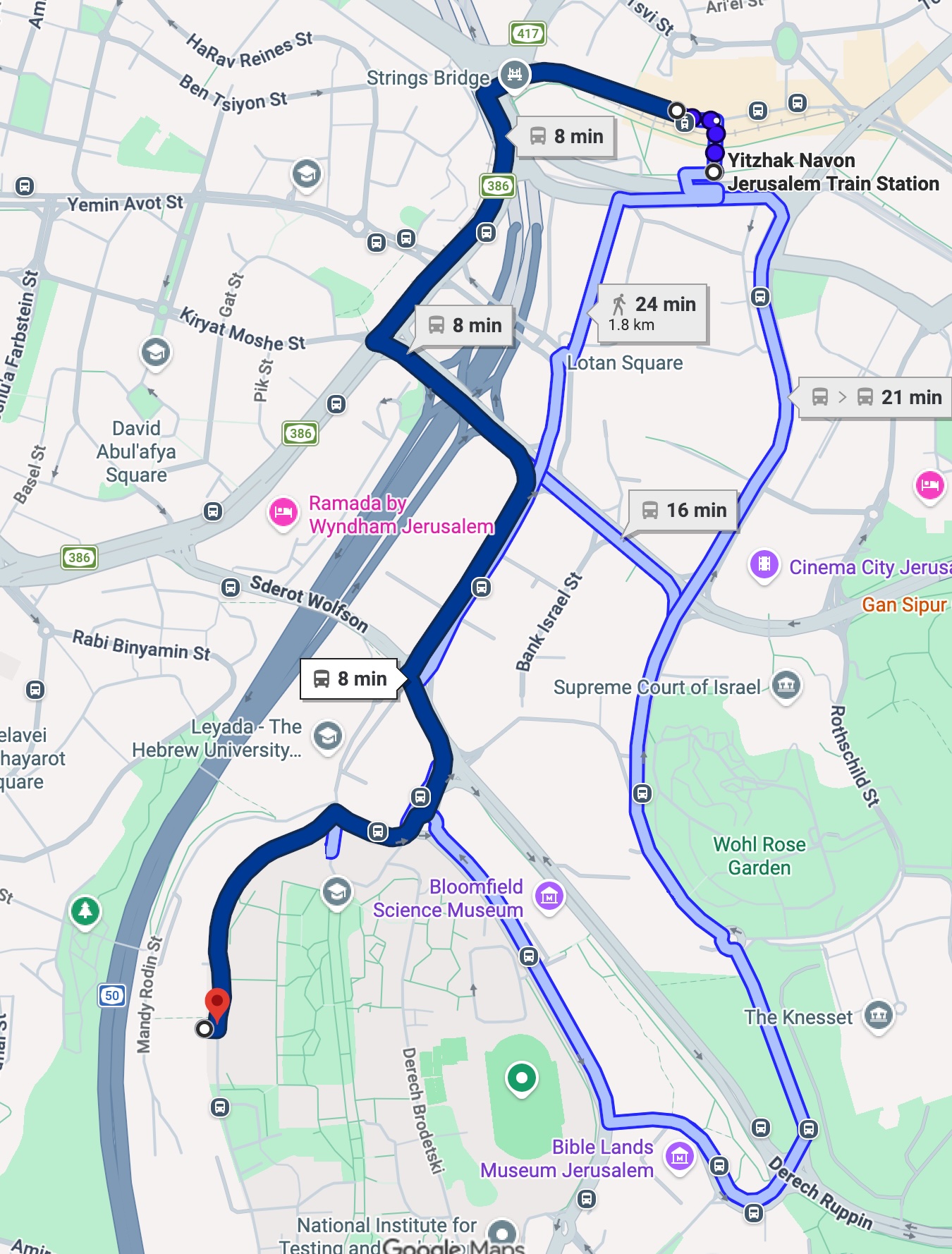 Map of bus line 68 route to the Giv'at Ram campus